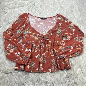 American Eagle Outfitters Floral Tie Front V-Neck Blouse Top